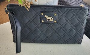 Emma Fox Elegant Black Quilted Leather Designer Wristlet Clutch Gold Logo